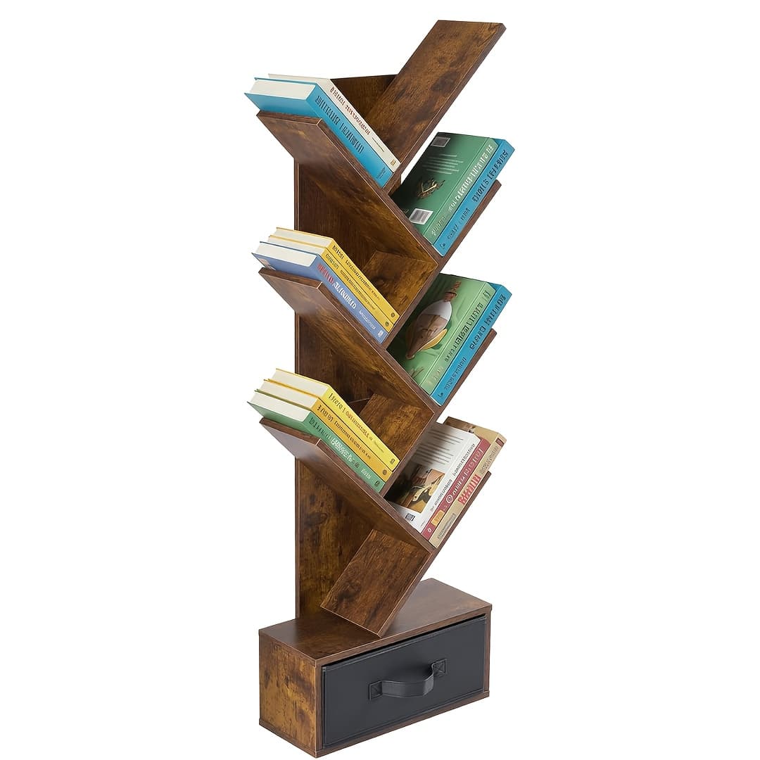 TEMU Tree Bookshelf Tier 7 Or 4, Book Shlef Organizer For Bedroom Small Bookcase With Drawer Cd Storage Wood Board, Storage Shelves For Living Room Home Office Reading Board Game