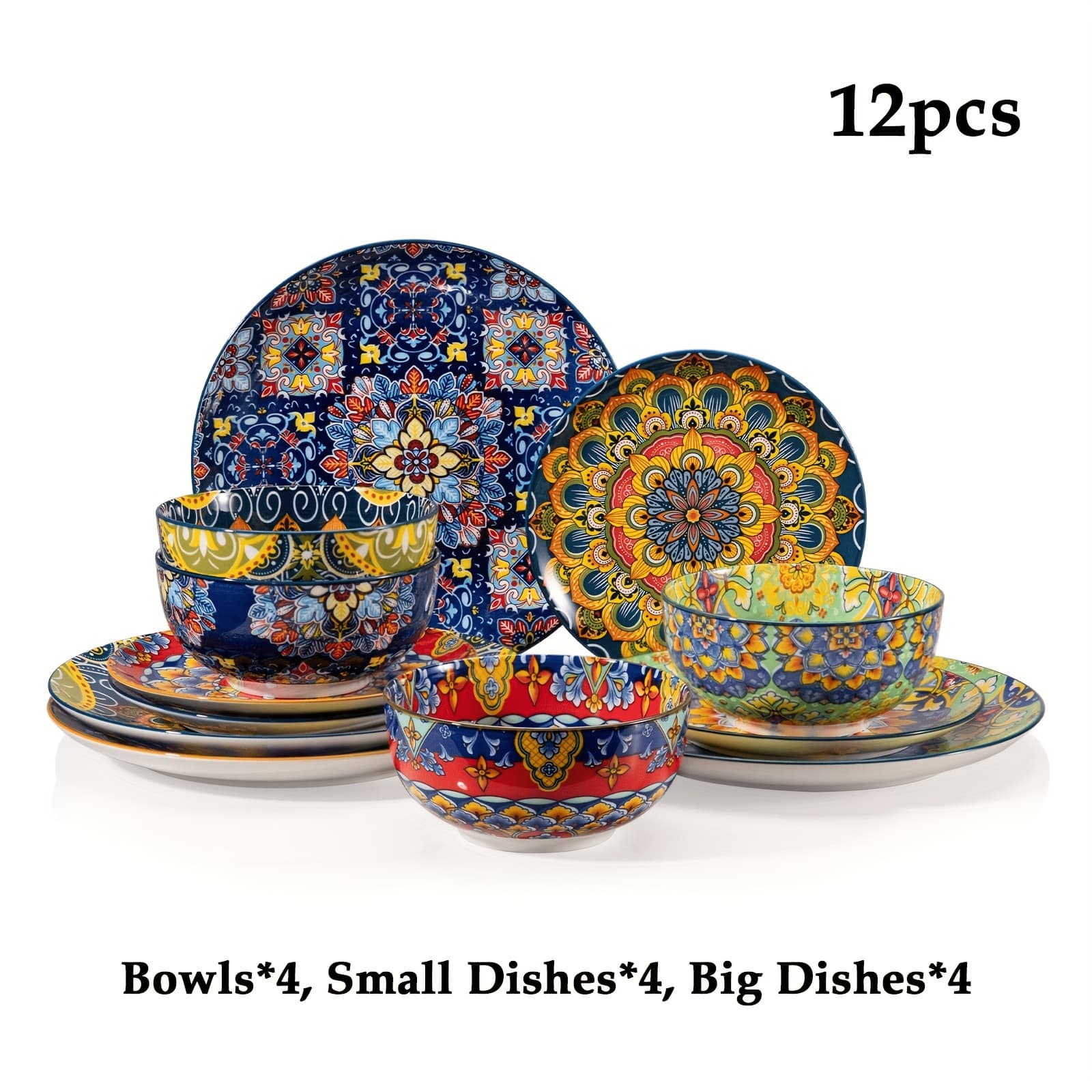 TEMU Sweejar 12pcs/24pcs Ceramic Dinnerware Sets For 4/6, Boho Plates And Bowls For Kitchen, Housewaring Gift, Bohemian Style Dish Set, Dishwasher And Microwave Safe(colorful)