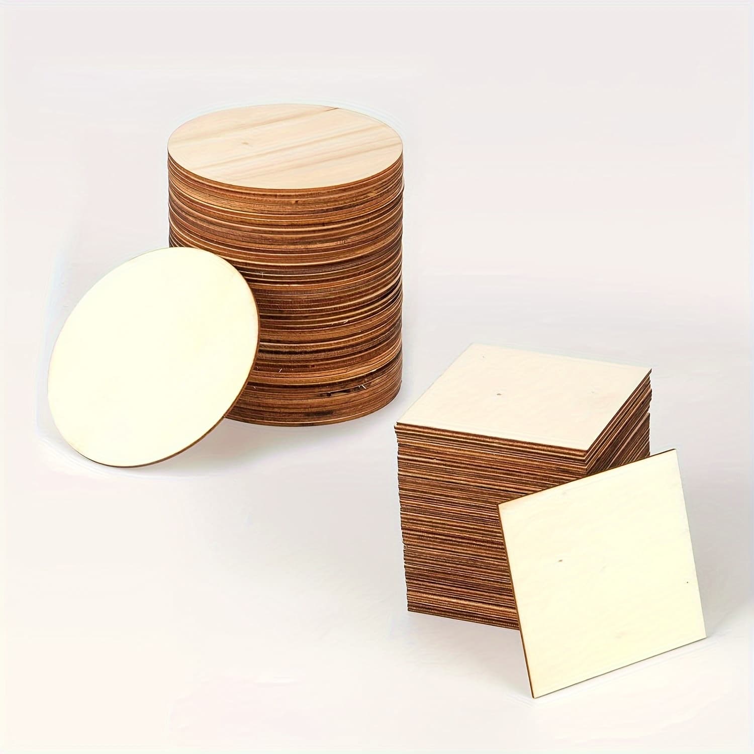 TEMU 100pcs Wood Pieces 4 X 4 Wooden Slices Wood Chips For Home Decoration Wooden Coasters And Diy Crafts, Includes 50pcs Wood Squares And 50pcs Wood Circles