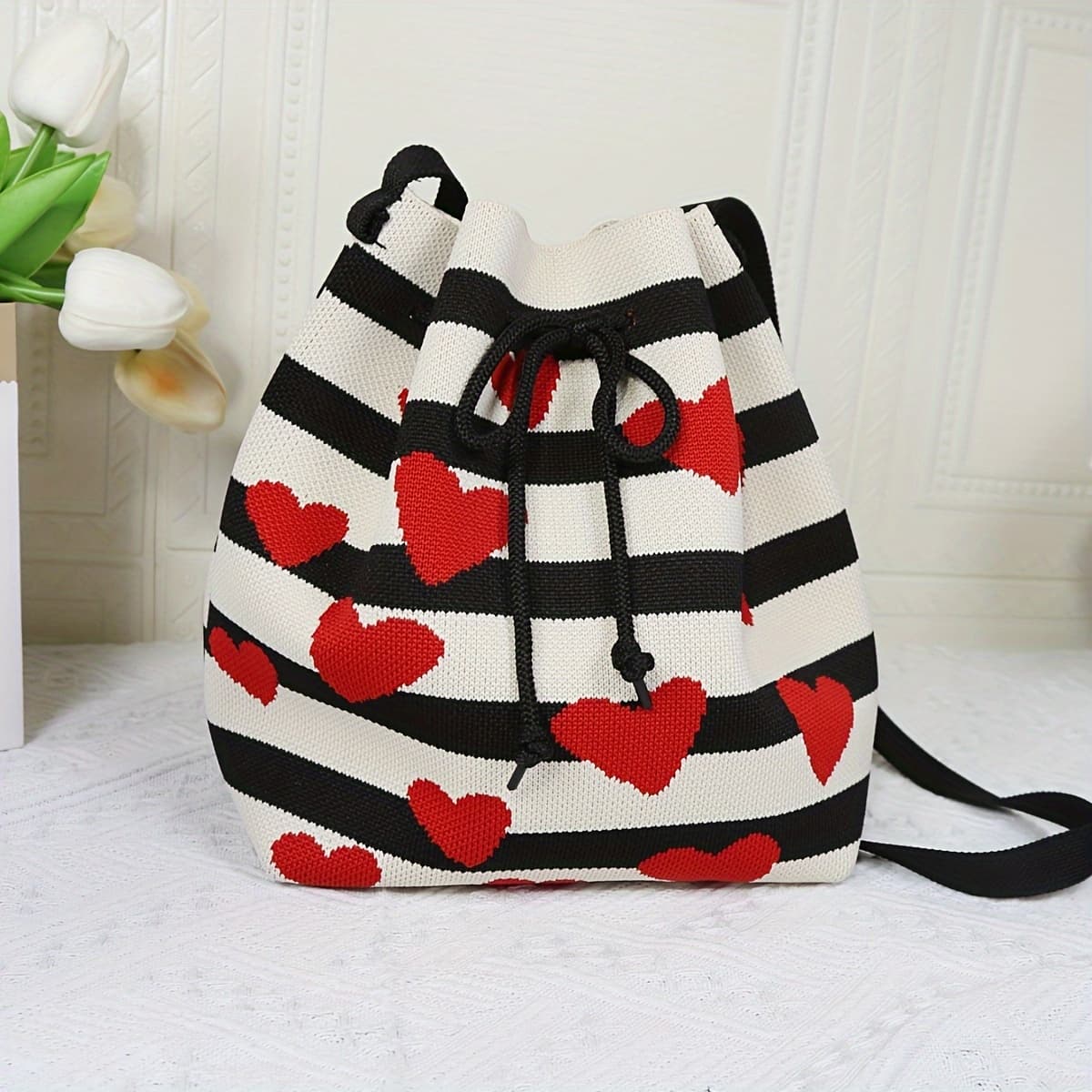 TEMU Horizontal Stripe Knit Crossbody Bag With Color- Stripes (//) - Adjustable Strap, Drawstring Closure, Machine-washable - Casual, Everyday Handbag