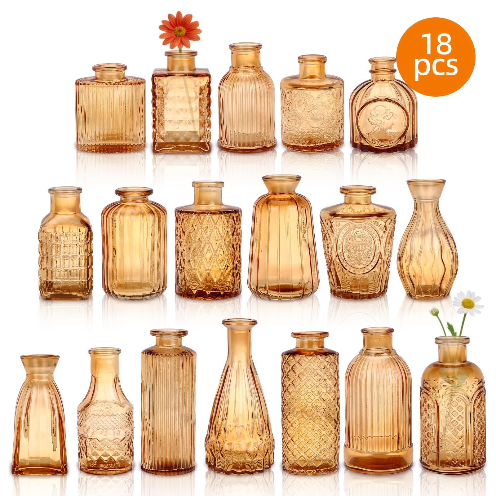 TEMU Tomnk 18pcs Set Of Glass Bud Vases, Ideal For Vintage Wedding Decor, Home Table Floral Arrangements, Small Carved Glass Vase Ornaments, And Table For Bridal Showers And Party Gifts