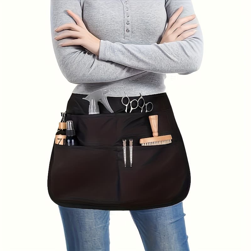 TEMU Black Hairdresser Apron With 5 Large Pockets, Bleach-resistant, Half-waist Design, Suitable For Salon And To Carry Tools
