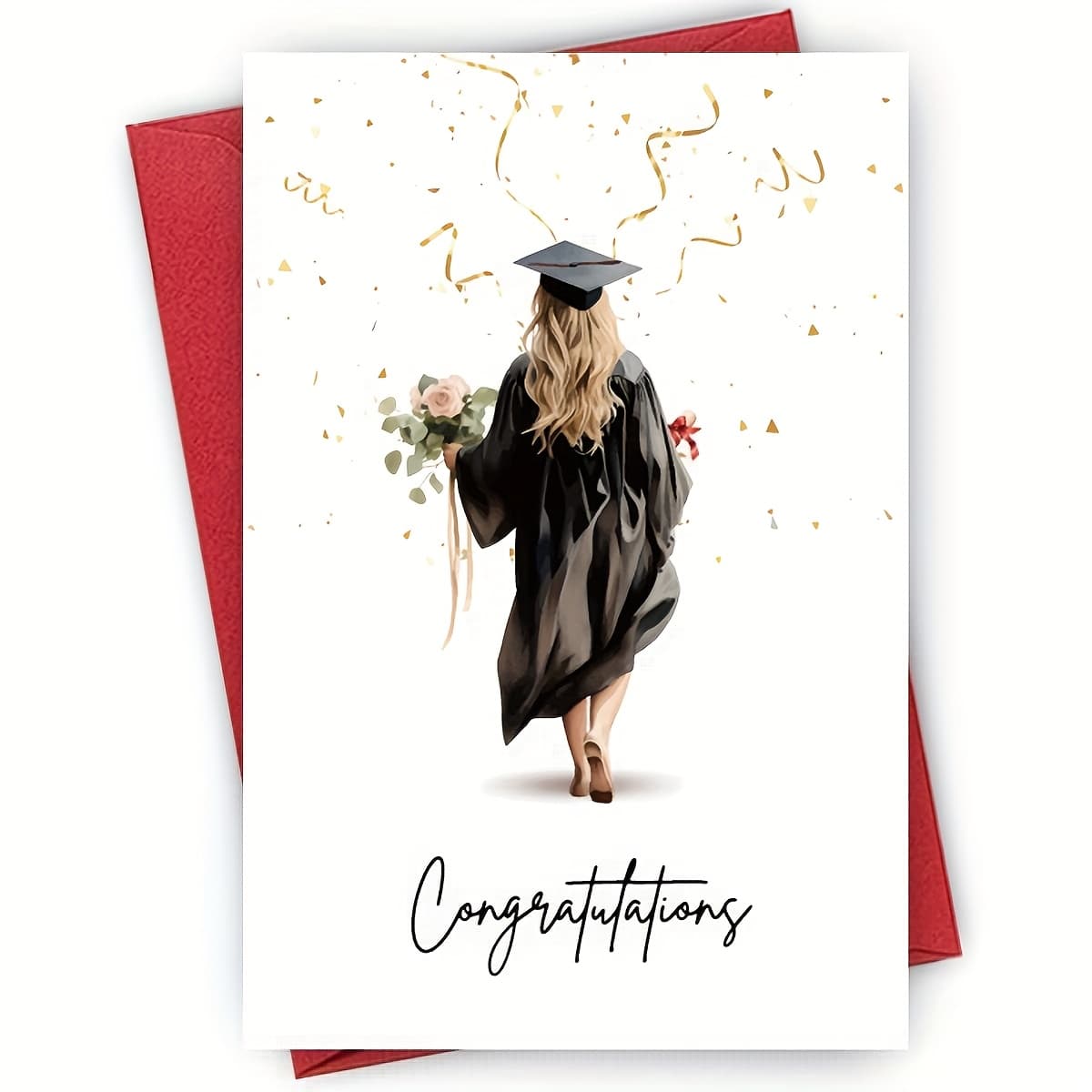TEMU Congratulations Graduate Card With Elegant Watercolor Graduate, Flowers & - Graduation Greeting Card For Students, , - Perfect Graduation Gift, Graduation Decorations, Confettifilled Illustration