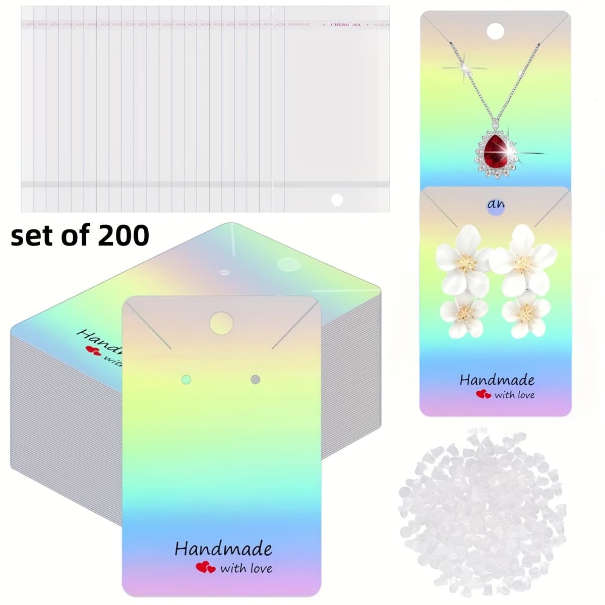 TEMU Set Of 200 Holographic Earring Display Cards 50 Earring Cards 50 Jewelry Packaging And 100 Earring Backs For Earrings Necklace Jewelry Display (50+50)