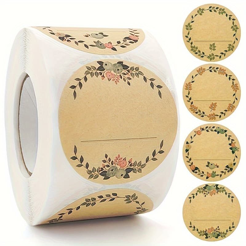 TEMU 1 Roll Of 500 Sheets, Paper Stickers With Round Wreath Pattern, Suitable For Canning, Food Storage, Christmas And Valentine's Day Gift Bags Sealing, Leather, Holiday Use
