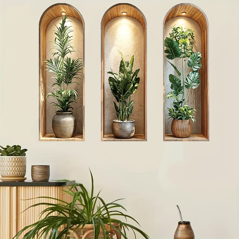 TEMU Set Of 3 Wall Stickers Featuring Tropical With A Mediterranean , Rustic Wooden Frame, And Palm Monstera Leaves, Perfect For Farmhouse-style Decoration In Living Rooms, Bedrooms, And Dining Areas