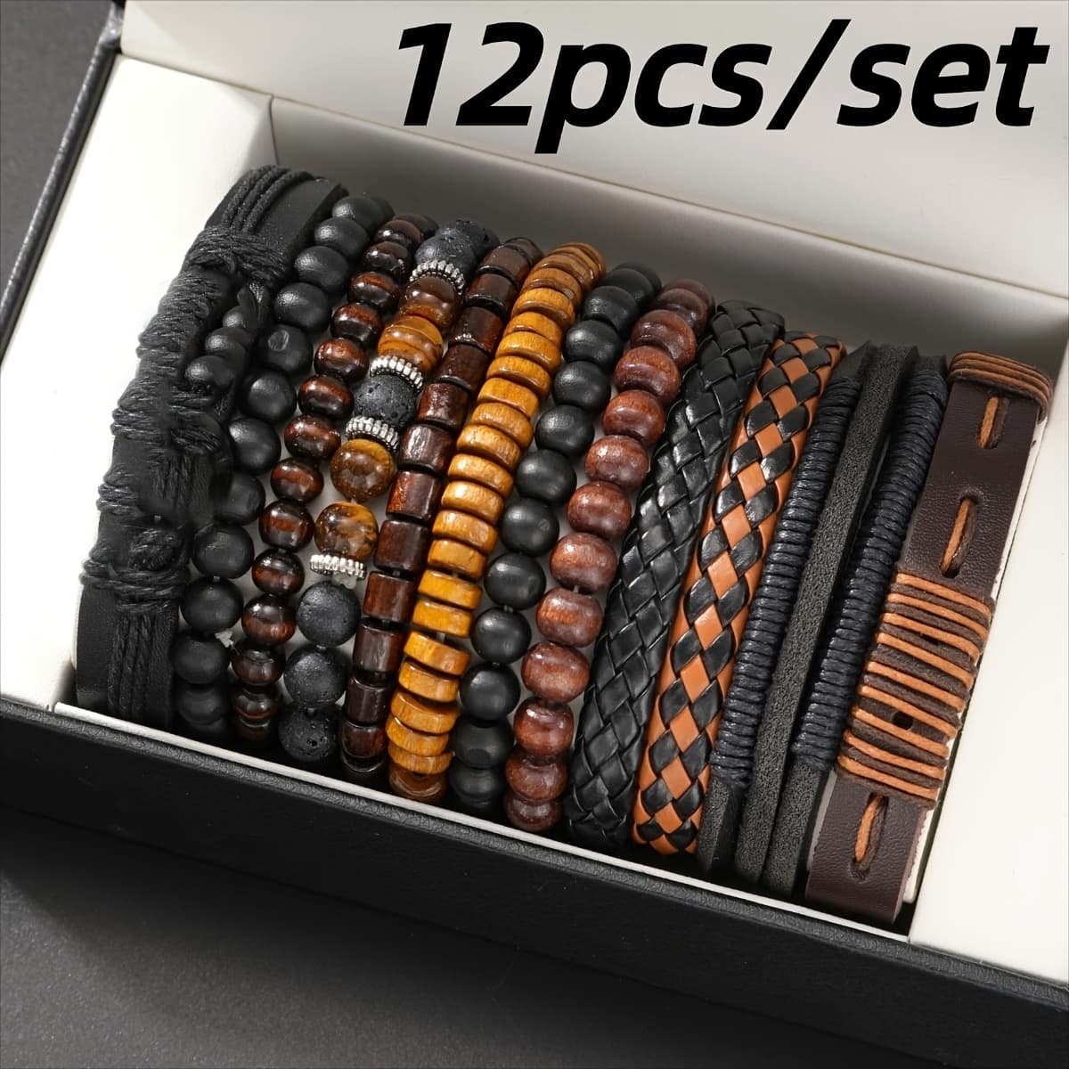 TEMU 12pcs Vintage Men's Bracelet Set Woven Leather Tiger Eye Stone And Beads Synthetic Fiber Rope Suitable For Casual And Party Wear Fashionable Jewelry