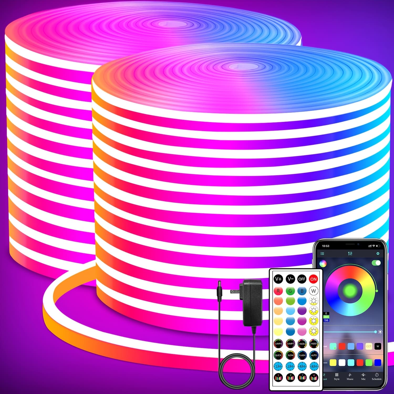 TEMU Led Neon Lights Strip 132ft, 24v Rgb Led Neon Light Strip Controls Control Flexible Neon Led Rope Lights For Bedroom, Playroom Decor(2 Rolls Of 66ft)