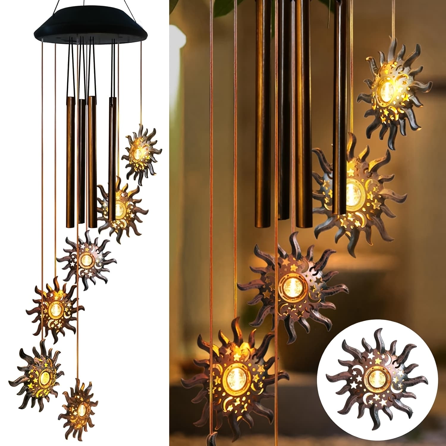 TEMU Solar Wind Chimes With Sun Moon , 6 Led Lights Outdoor Hanging Decor, Solar Powered Windchime For Patio Garden, Warm Fairy Lights, Mom Gift For Grandma Wife