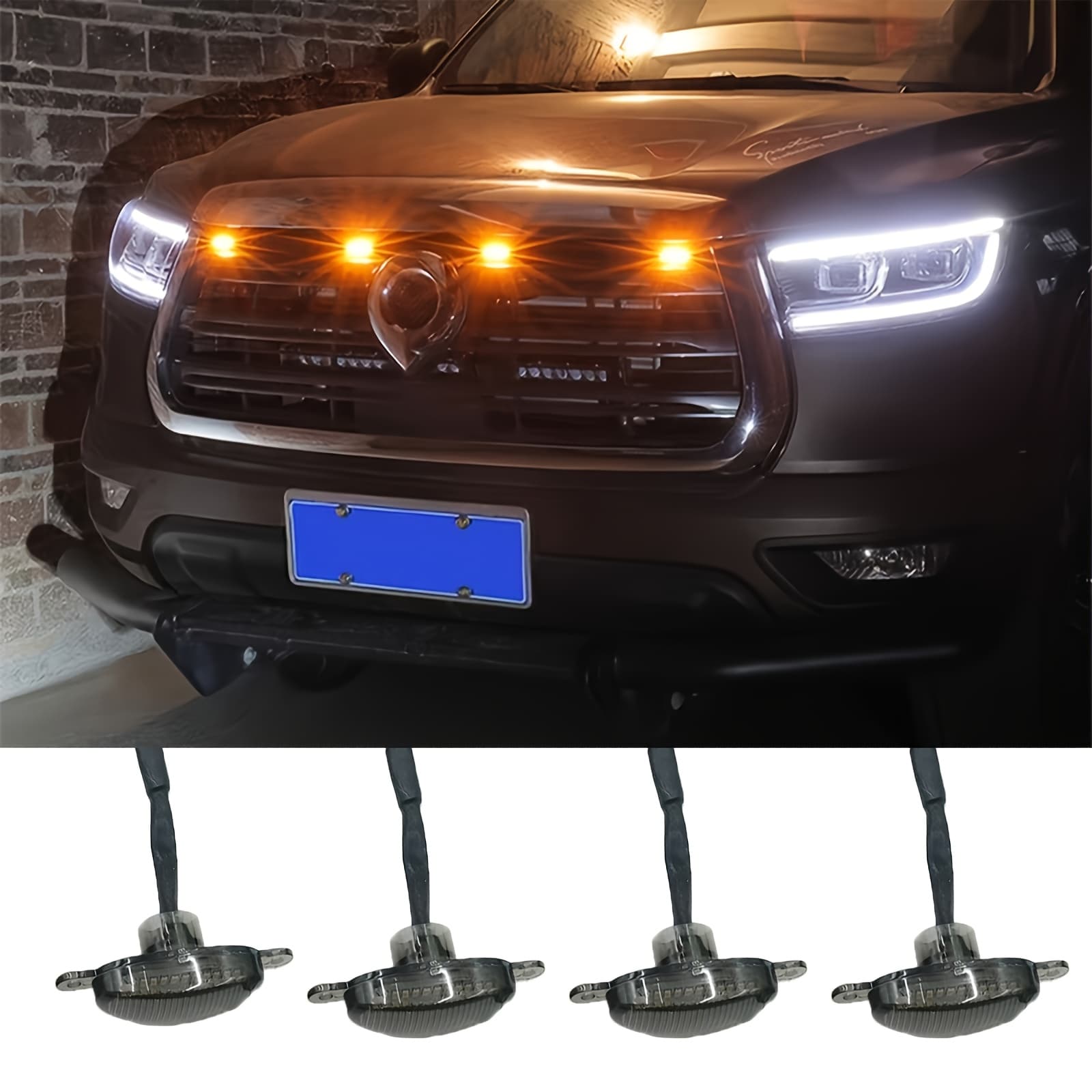 TEMU 4in 1 Front Grille Atmosphere Light Kit, Dc12v, Car Led Grille Light, Replaceable For Car, Pickup, Truck, Suv Decoration Modification, Amber Light