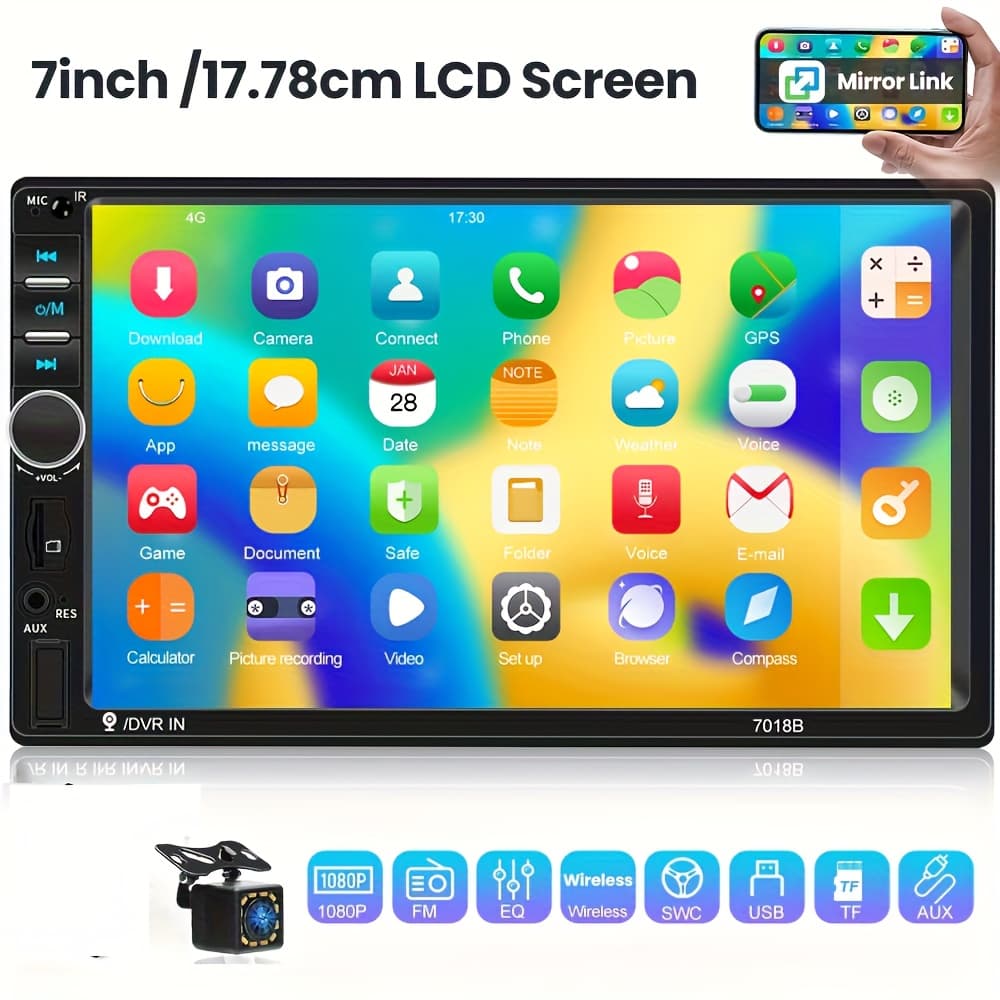 TEMU Camecho 1pc Double Din Eq Car Stereo Featuring A 7" Lcd Display, With Wireless Fm, Mp5 Player, Usb/sd/aux , And Functionality, Ideal As Christmas And Black Friday Gifts, Without Battery