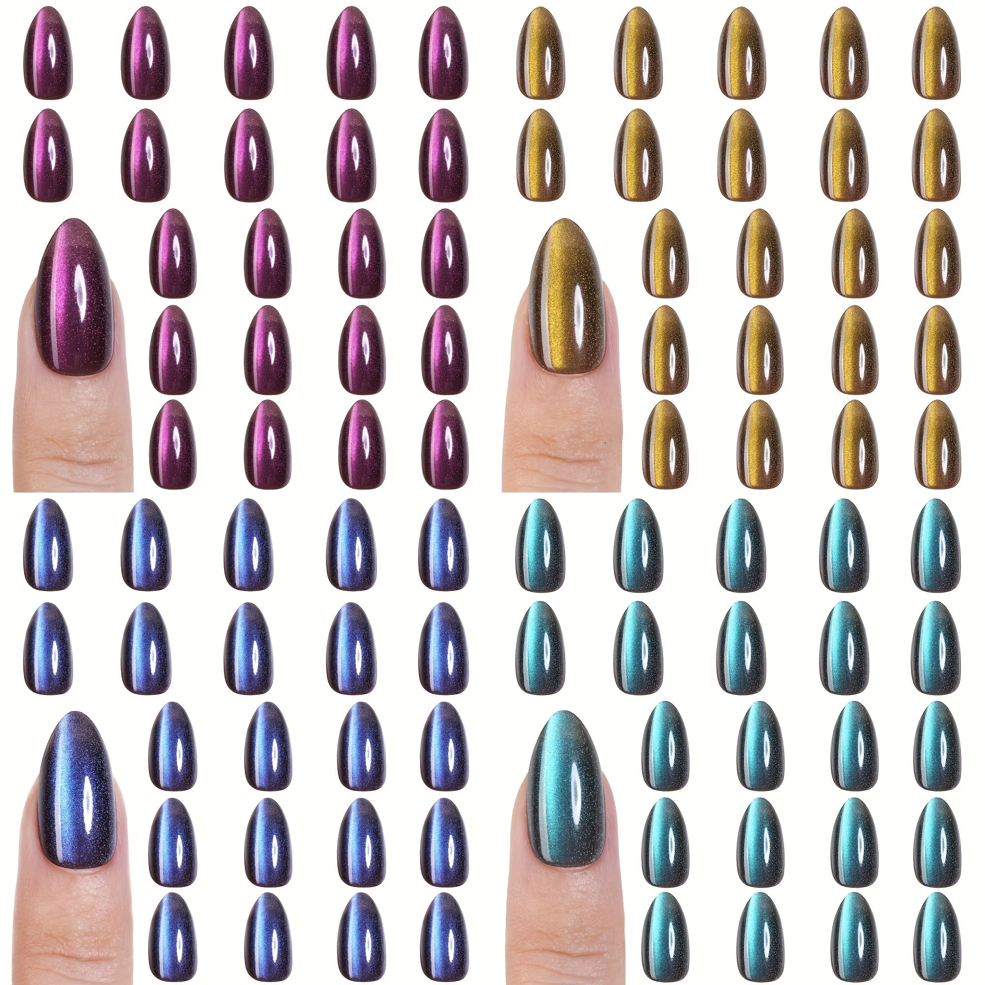TEMU 120pcs Short Almond Cat Eye -on Nail Patches, Soft Gel Material, With Jelly Glue And Nail File, Shiny And Set, Suitable For Women's Nail Decorations For And Holiday Parties