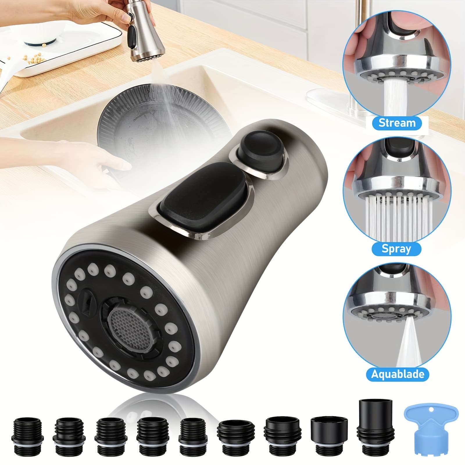 TEMU 3 Function Kitchen Faucet Sprayer Head With 9 Adapter Kit, Pull Down Kitchen Faucet Head Replacement Part For , Pull Out Kitchen Sink Sprayer Nozzle Head