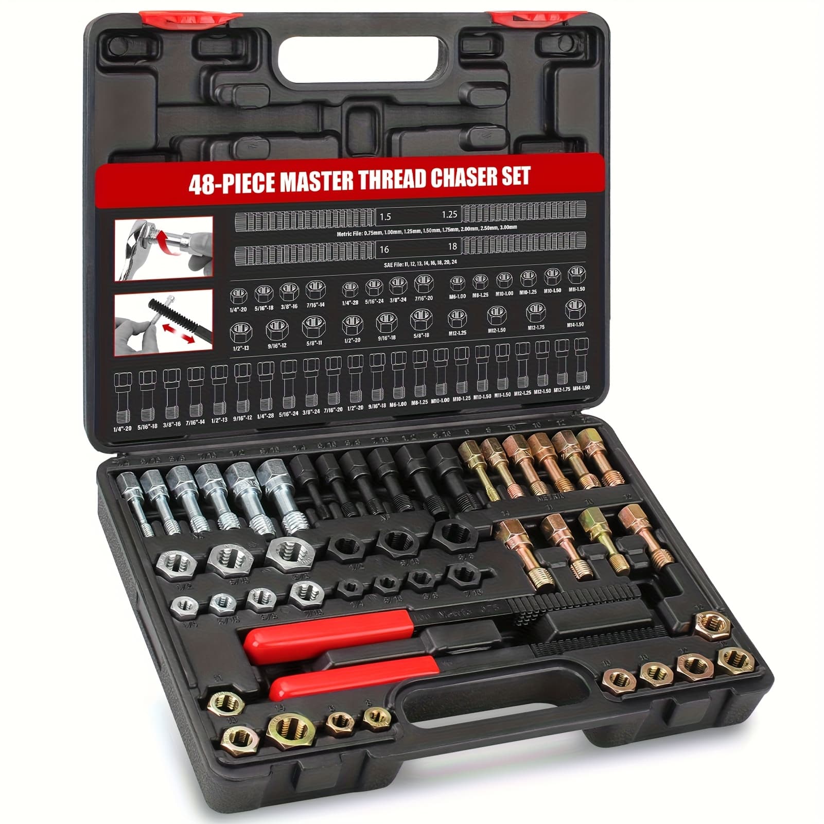 TEMU Thread Repair Thread Tool - 48pcs Thread Cleaner Rethreading Metric Sae Restorer File Nut Rethreader Automotive Wheel Stud Spark Plug Engine Standard Screw Threading Unf
