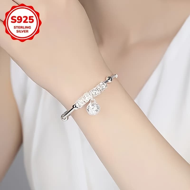 TEMU Elegant 925 Sterling Silver Bracelet, Exquisite Lace Design And Pendant, Silvery Fashion Jewelry For Women, Wear And Gift , Perfect For Valentine's Day