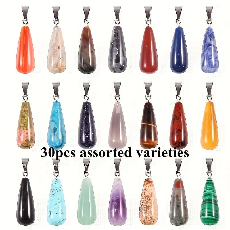 TEMU 30pcs/set Natural Semi-precious Stone Long Water Drop Pendant - Ideal For Diy Necklaces And Jewelry Accessories, (random Color)