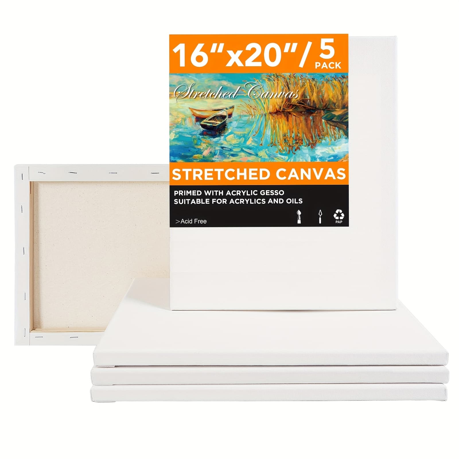 TEMU Professional 16x20 Inch Stretched Canvas - 5 Packs Bulk Artist-grade Surface For Acrylic And Oil Painting, Studio And Classroom Supplies (5/8" Deep Profile)