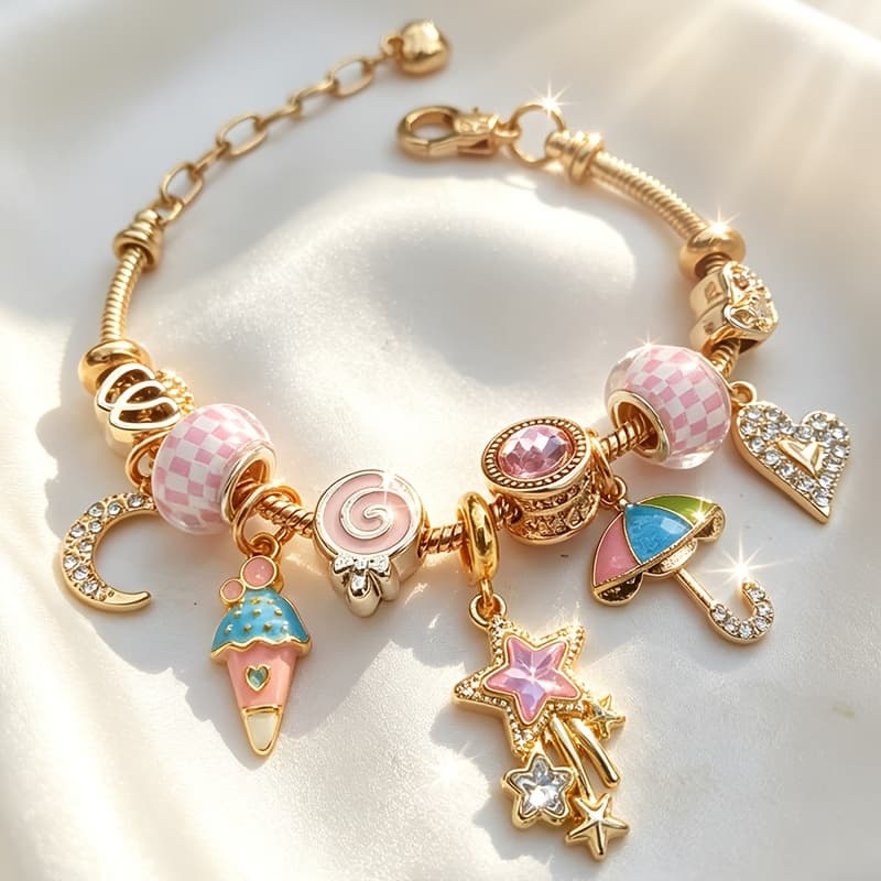 TEMU Luxury Glazed Beaded Bracelet With Ice Cream, Umbrella, And Shooting Star Charms, Heart And Moon Elements, Adjustable Versatile Bracelet With Extendable Chain Design To Fit Different Wrist Sizes