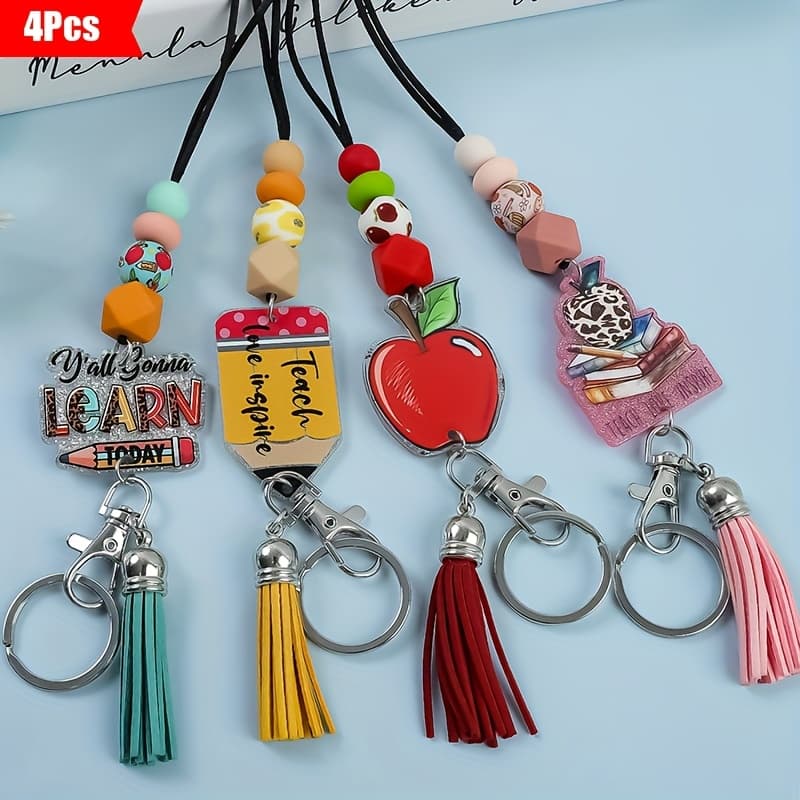 TEMU 4pcs/set Printed Letters Acrylic Charm Hanging Rope Keychain Work Id Badge Neck Hanging Nti Loss Keychain Teacher's To Season Graduation Season Gift