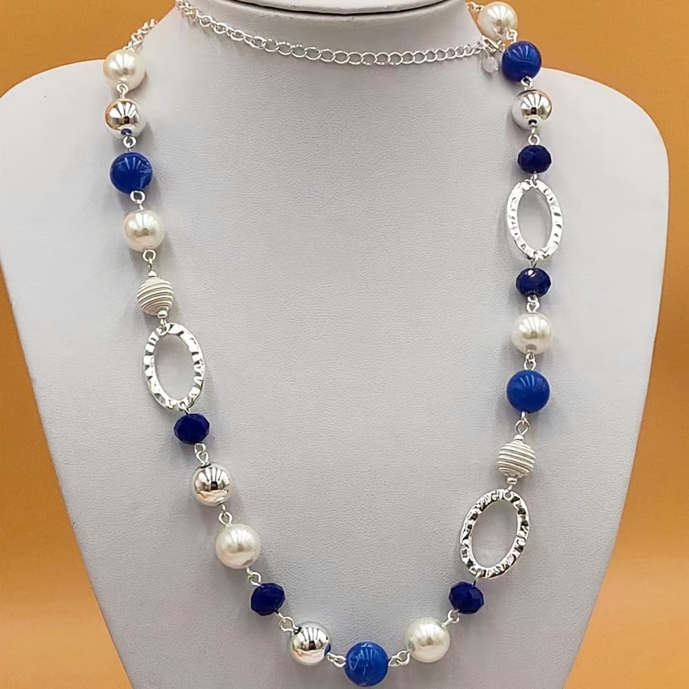TEMU 1pc Exquisite Women's Long Necklace Sweater Chain Blue And Resin Geometric Pattern Stackable Women's Necklace Suitable For Daily Vacation Party Gift
