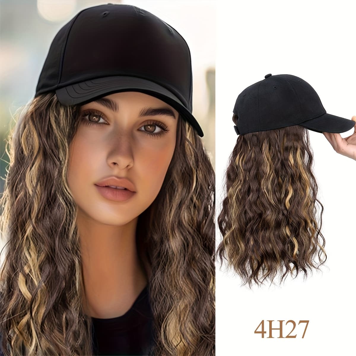 TEMU Baseball Hair Wig Synthetic Fiber Curls Extension Wig Hat For Medium/long Curls Brown Highlights Linen Color For Women
