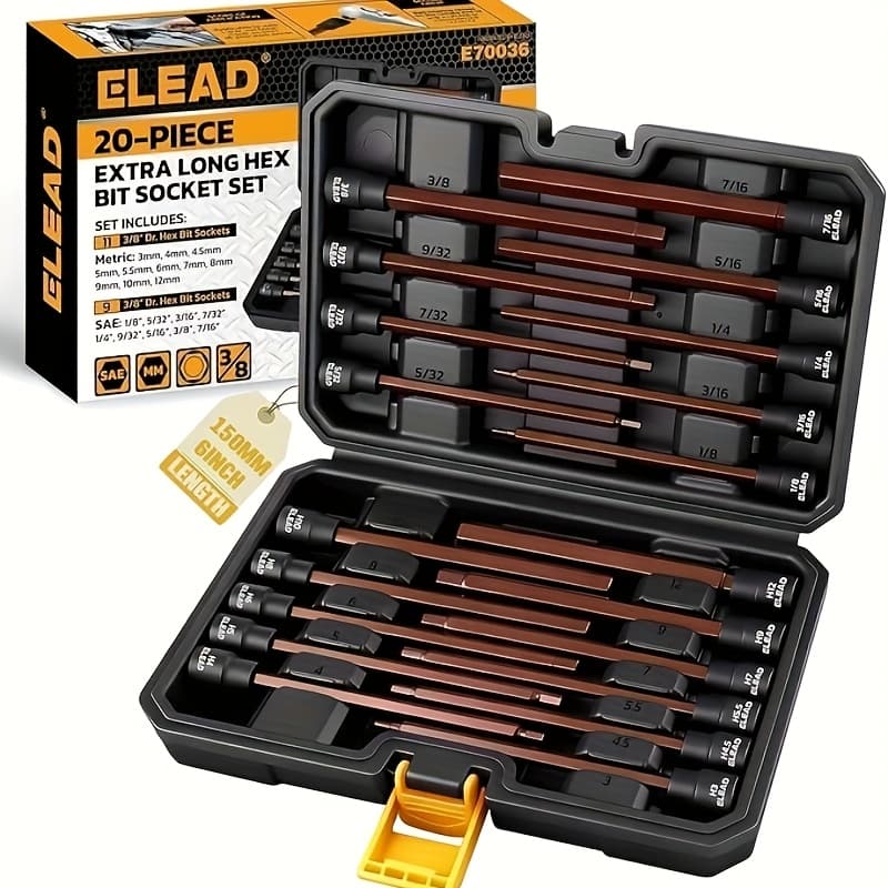 TEMU 150mm Allen Hex Bit Socket Set: 20pcs 3/8 Inch Drive, Standard Sae & Metric (1/8-inch - 7/16-inch, 3-12mm) For Impact Drills And Ratchet Wrenches
