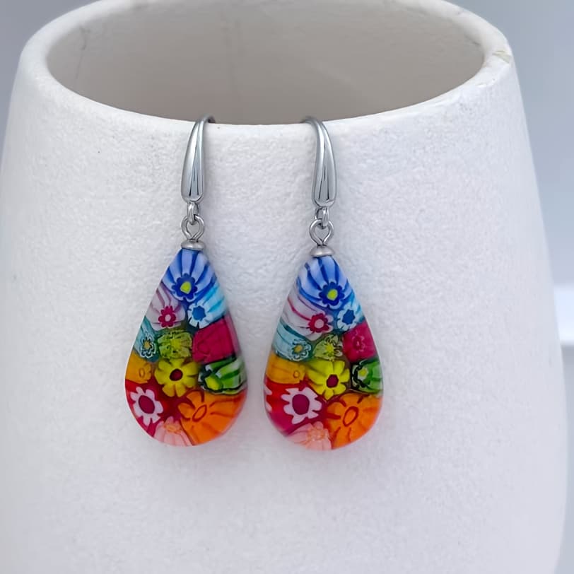 TEMU A Pair Of Multicolored Glass Earrings, Enamel Drop Earrings, Small Floral Earrings