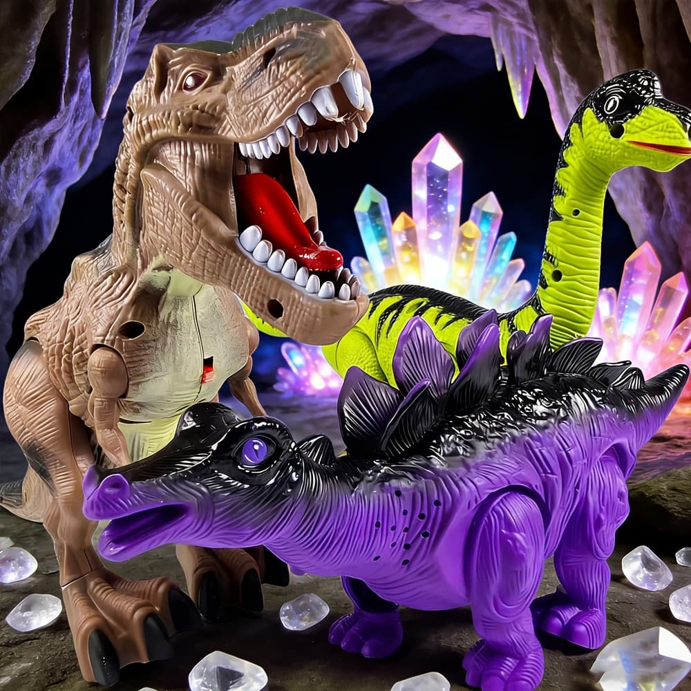 TEMU 3pcs Electric Dinosaur Toy With Sound Light And Walking Effect, Boy Children's Toy Gift, Suitable For Children Aged 3 4 5 6 7, Interactive Movable Dinosaur Toy Set