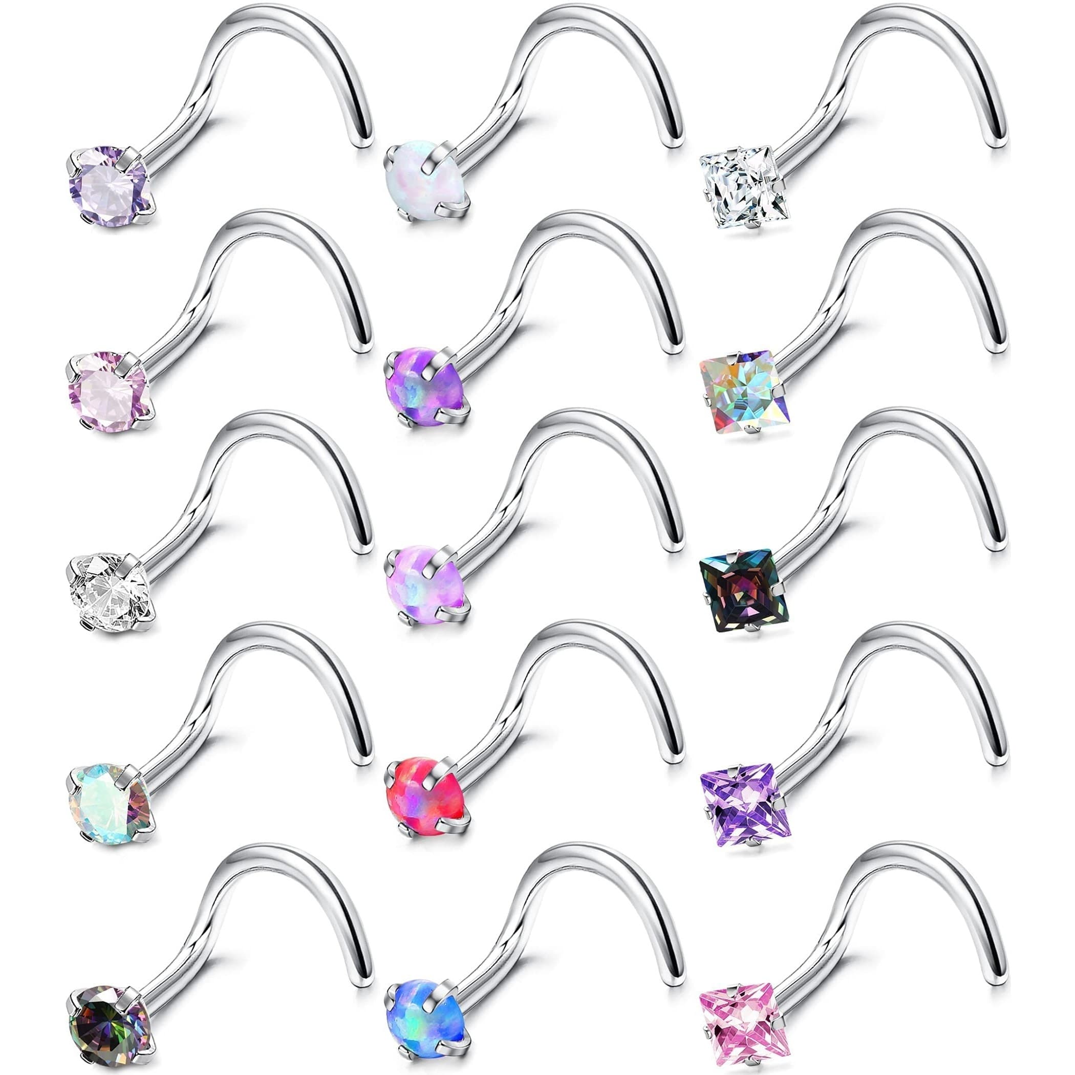 TEMU 15pcs 20g Hypoallergenic Nose Ring Surgical Stainless Steel Nose Stud L Shaped Screw Stud Ring Cubic Zirconia Nose Piercing Labret Lip Piercing Jewelry Unisex