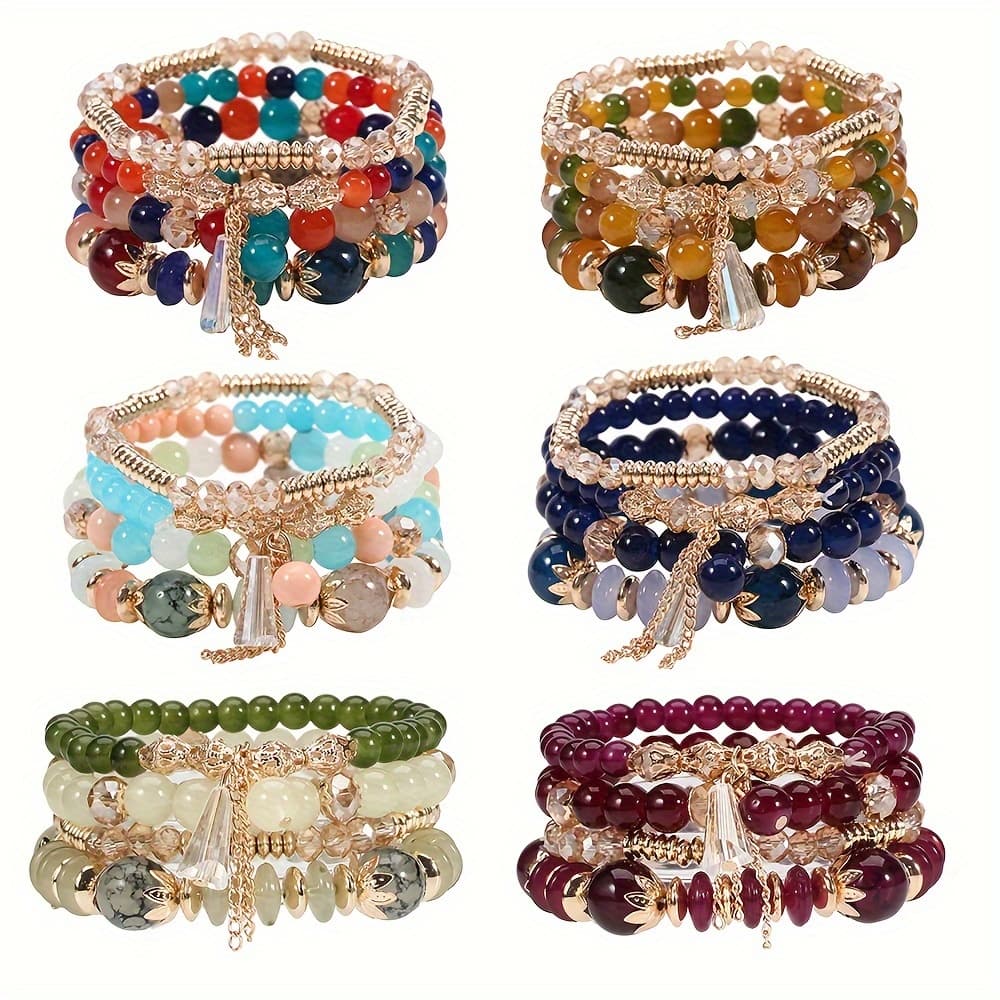 TEMU 6sets Bohemian Stackable Bead Bracelets For Women Stretch Bohemian Style Stretch Multilayered Boho Bracelet Set
