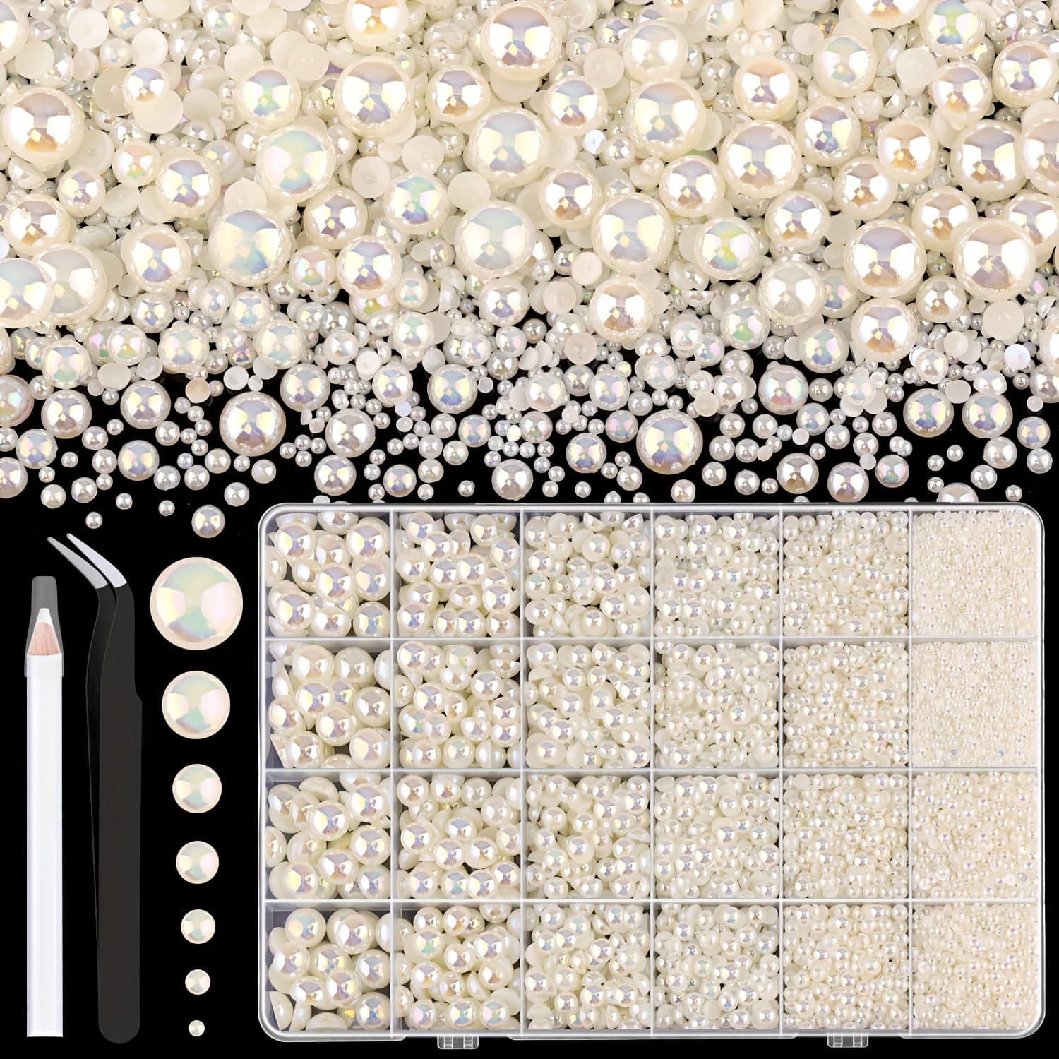 TEMU 8600pcs Flat-bottomed Pearls (beige Ab) For Crafts, Assorted Sizes 3/4/5/6/8/9mm Non-ironed Semi-pearls, For Handmade Clothing Cup Shoes Fabric Sparkling Beads Nail Art Makeup