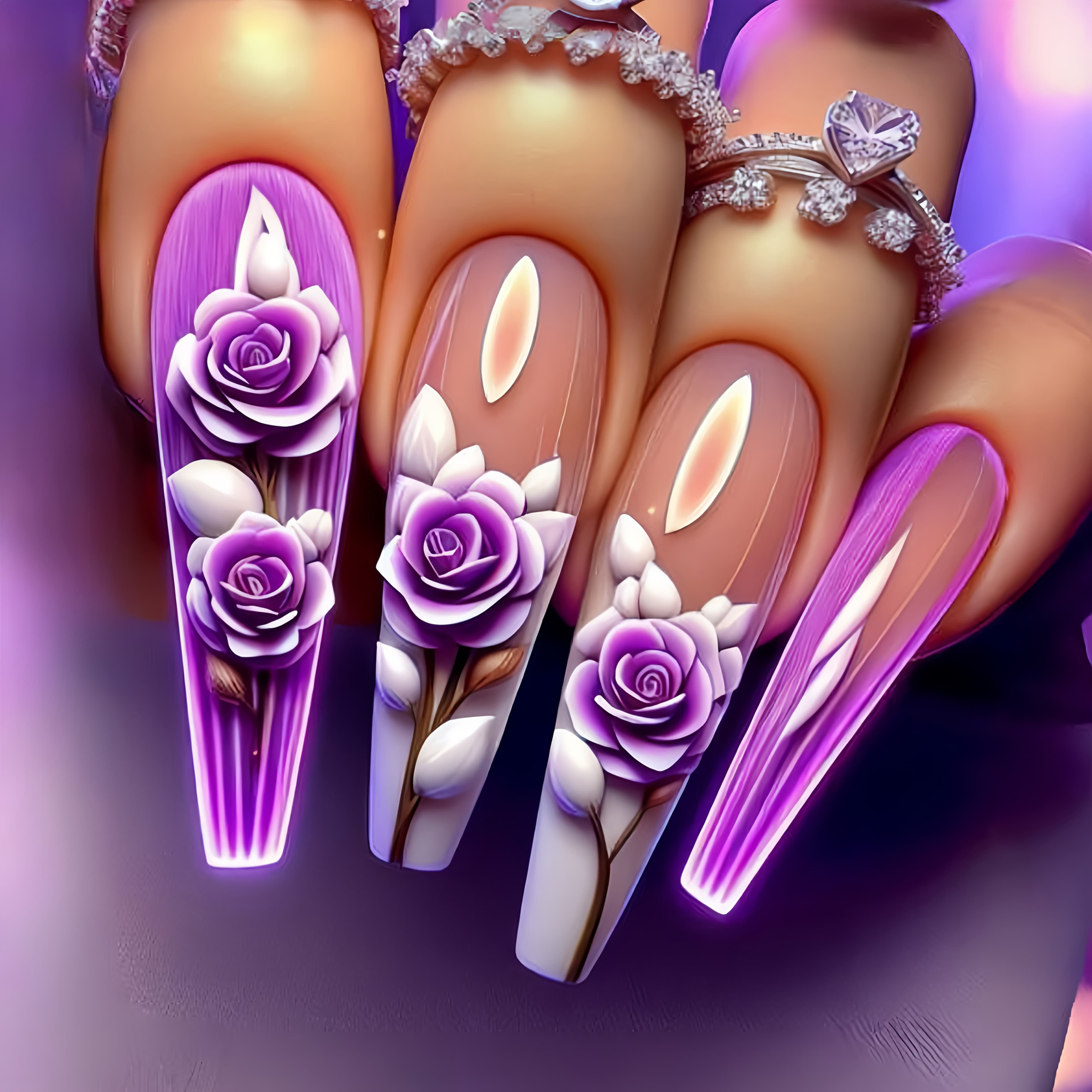TEMU Long-length Ultra-sparkly Purple Nail Stickers With Floral Smudge And Purple , New Year/spring/summer -on Nails, Removable 24pcs Nail Set