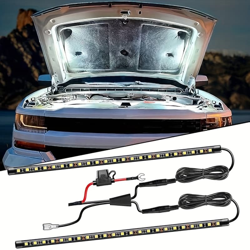 TEMU 2pcs 12v Car Engine Hood Led Light Kit - 46 Led Car Light Strip Pole Engine Hood Working Inspection Light, Universal For Any Vehicle