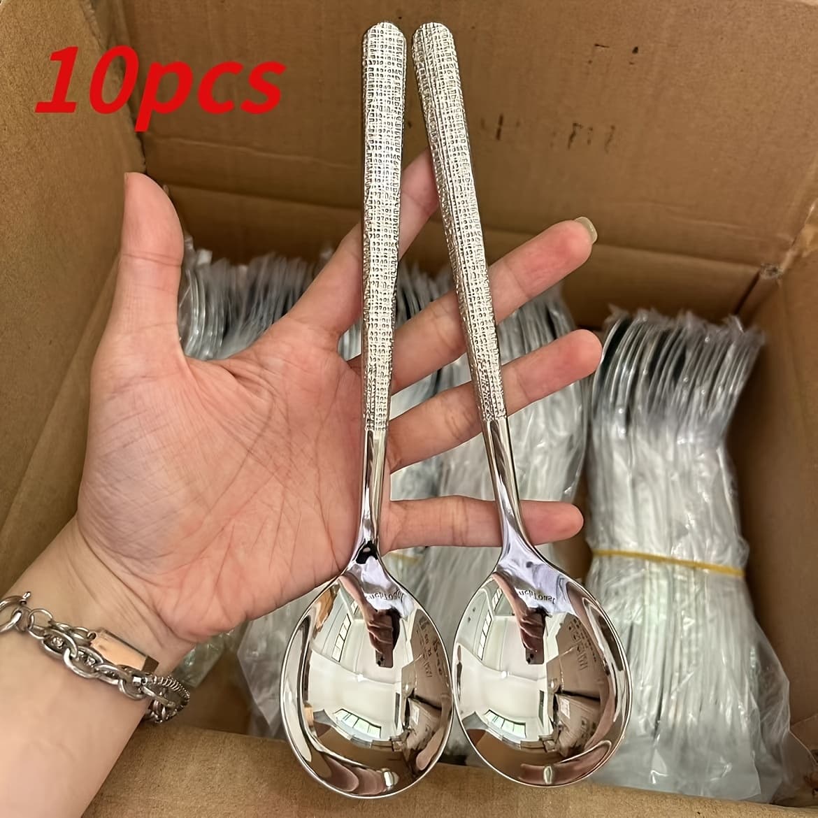TEMU 10pcs Set Of Stainless Steel Hammer-patterned Spoons, Simple And Fashionable - Suitable For Dining, Soups And Main Courses
