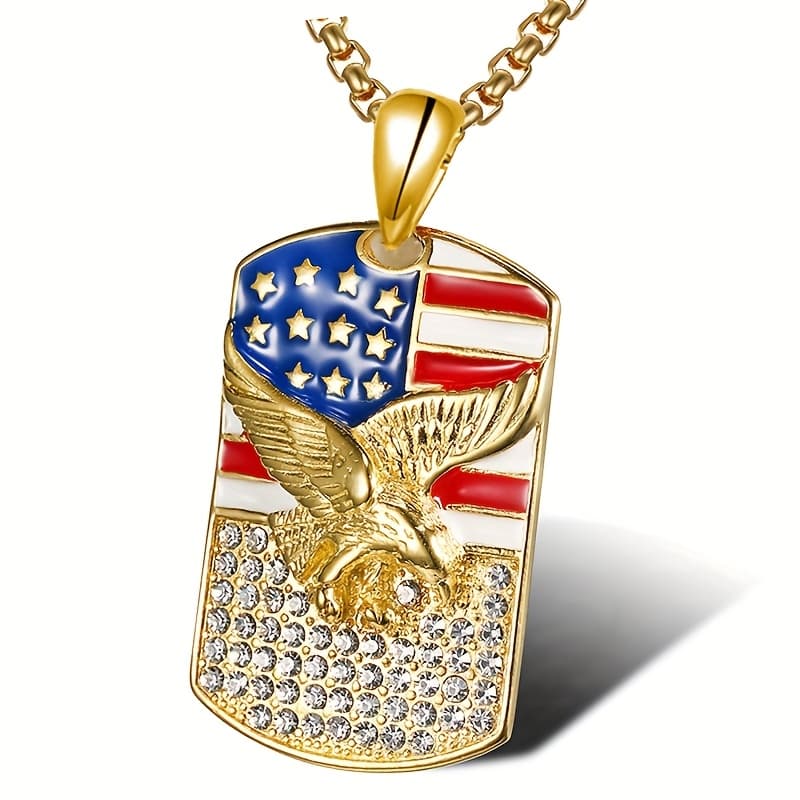 TEMU Hip Hop Cool American Flag Eagle Pendant Necklace Set With Sparkling Synthetic Synthetic Zirconia Patriotic Jewelry For Men
