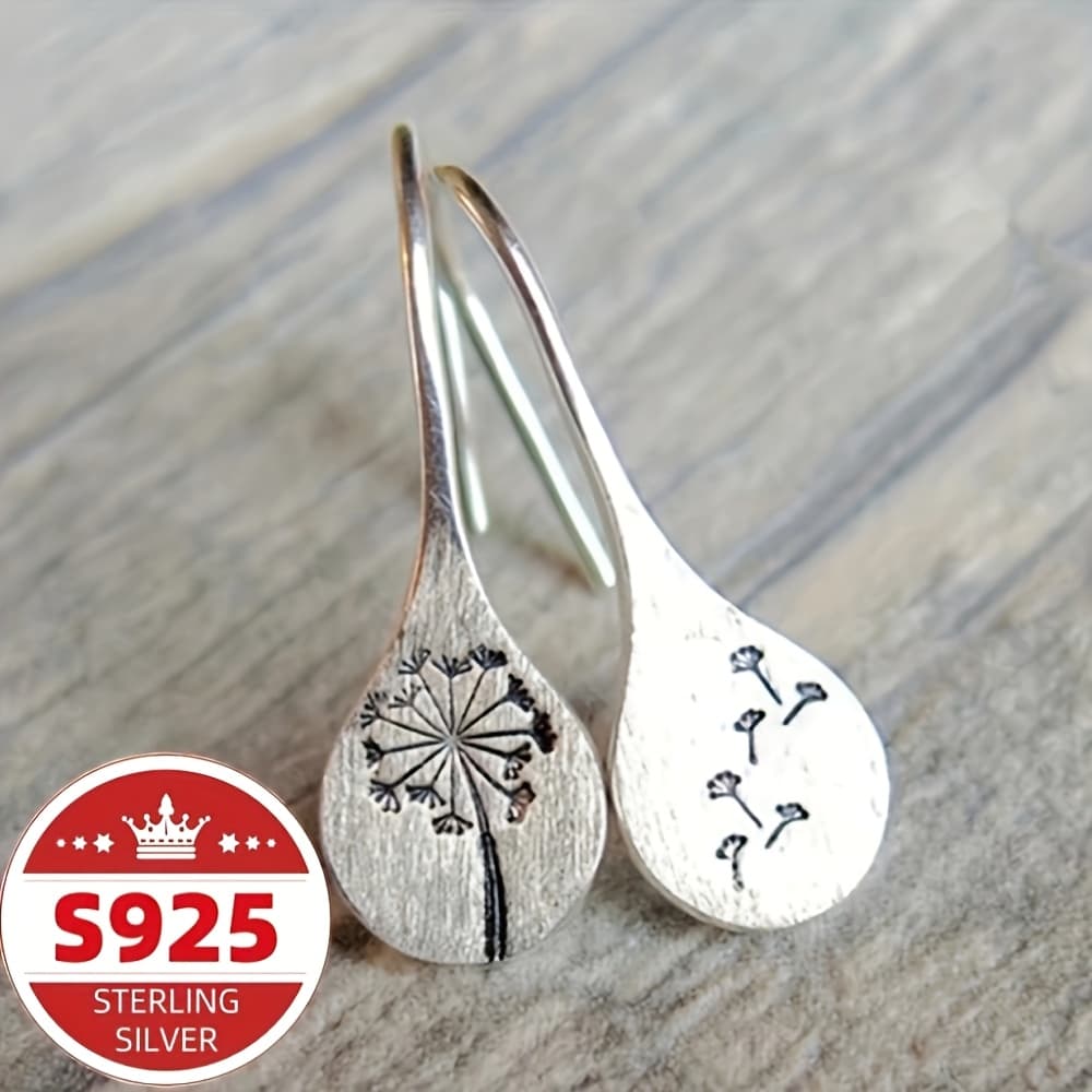 TEMU S925 Pure Silvery Easy Retro Brushed Dandelion Earrings For Women's Fashion Niche Design Ear Hooks Ethnic Style Earrings, Women's Jewelry, Perfect Gift For Valentine's Day, Carnival