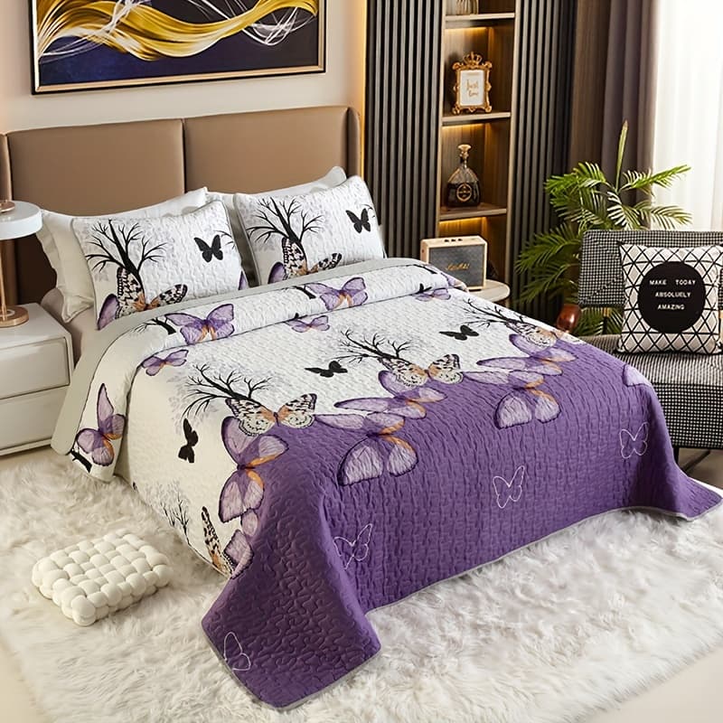 TEMU Contemporary 3pcs Quilted Bedspread Set With Floral Pattern, Machine Washable Polyester Coverlet With Embellished Features, Bedding With Polyester Fill - Queen/king Size
