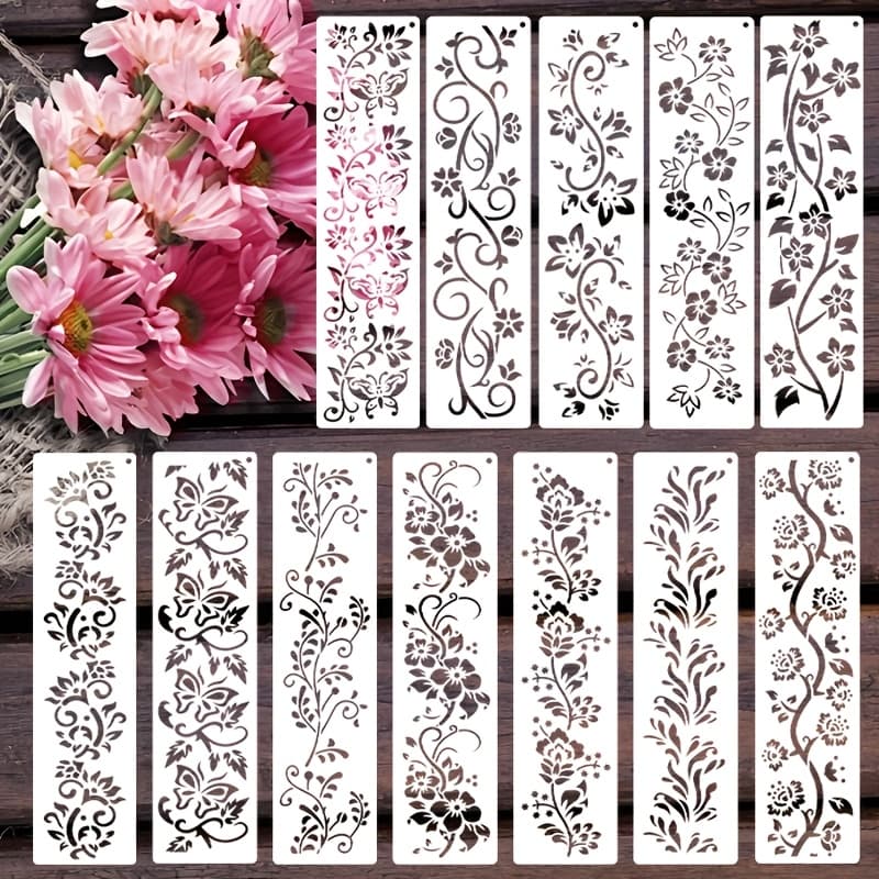 TEMU 12 Floral Painting Templates, Reusable Spray And Graffiti Plastic Stencils, Suitable For Fabrics, Paper Products, And Crafts | Floral Designs | Durable Crafting Materials For Floral Decoration