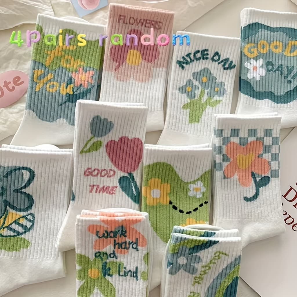 TEMU 4 Pairs Random Women's Comfortable Fashion Casual Floral Trendy Mid-calf Socks