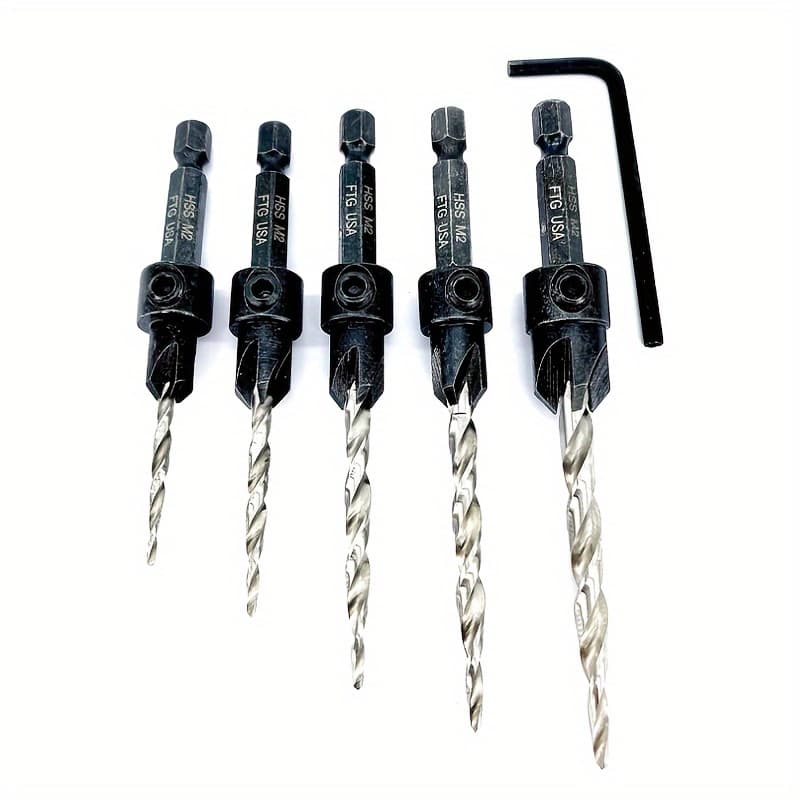 TEMU 5pcs Countersink Drill Bit #4 6 8 10 12, Tapered Drill Bits With 1/4" Hex Shank Quick Change And Allen Wrench, Adjustable Wood Counter Sinker Drill Bit Set For Woodworking