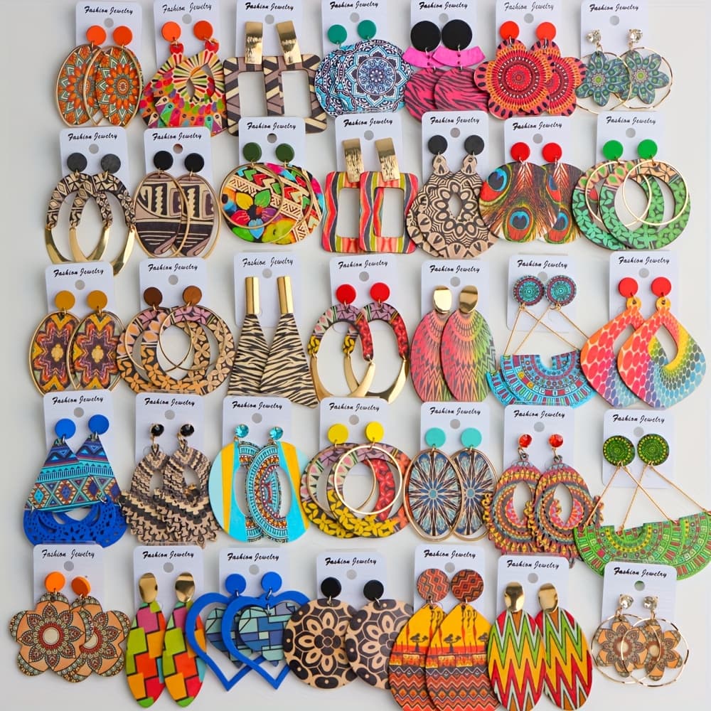TEMU 10 Pairs Of Bohemian Style Colorful Wooden Women's Pendant Earrings, Ethnic Geometric Earrings, Party, Daily Vacation Jewelry Gifts Random Style