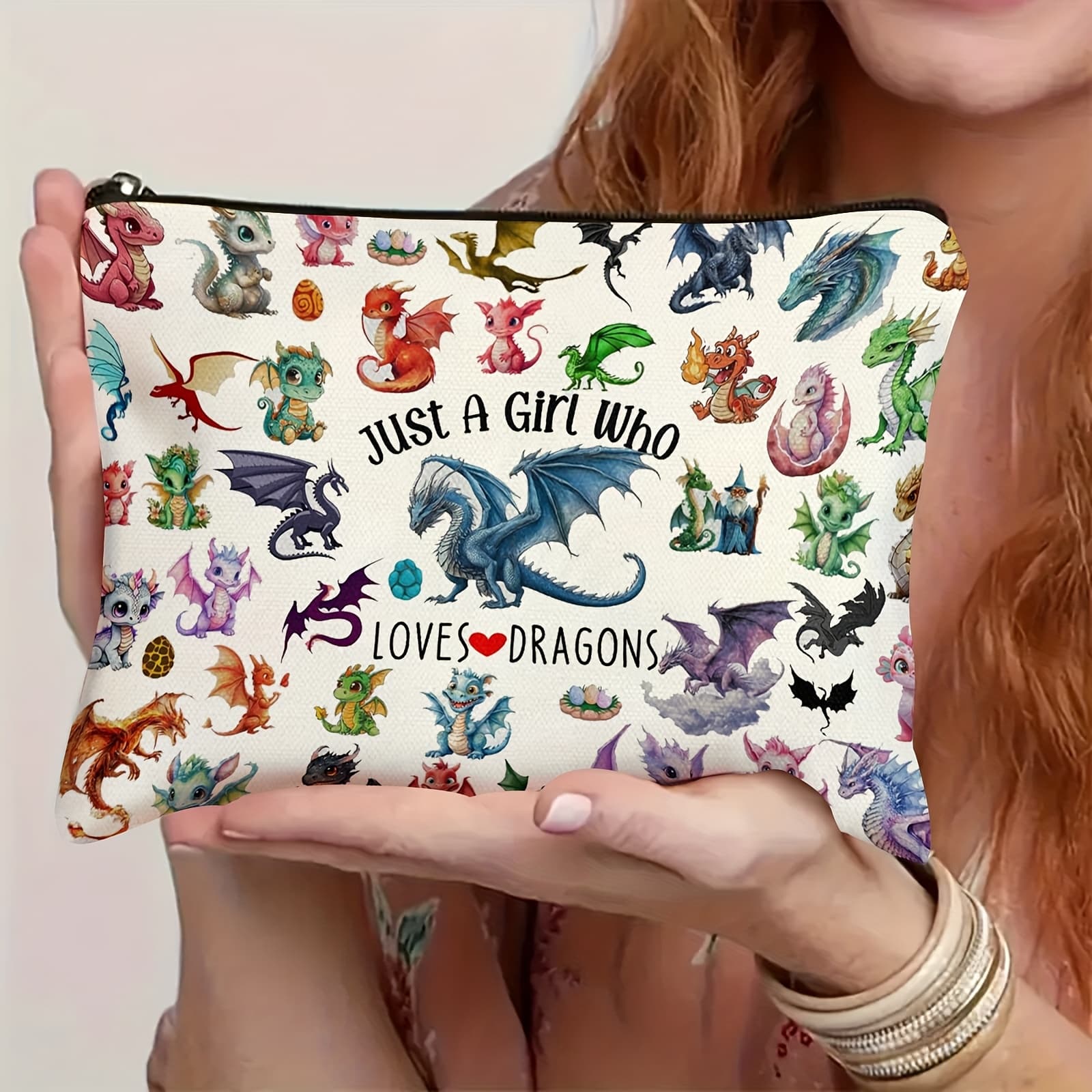 TEMU Dragon-themed Makeup Cosmetic Bag For Women - " Who Dragons" Colorful Dragon & Hearts Design, Zipper Closure Travel-foldable Wallet, Enthusiasts