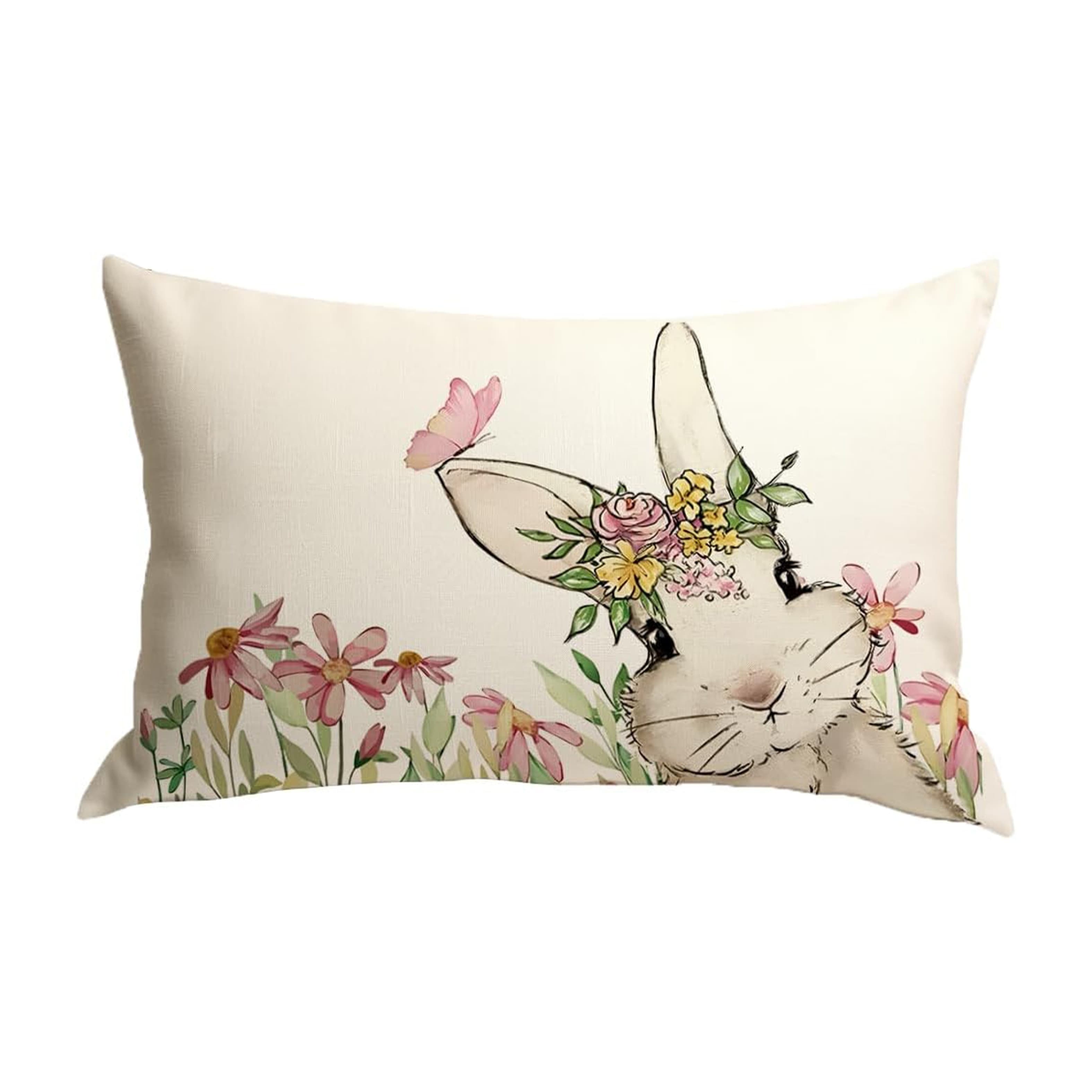 TEMU 1pc, Easter Lumbar Pillow Covers 12x20 Inch Spring Rabbit Throw Pillow Covers Colorful Floral Garland Bunny Holiday Decorations For Farmhouse Sofa Couch(single Side, No Pillow Core)