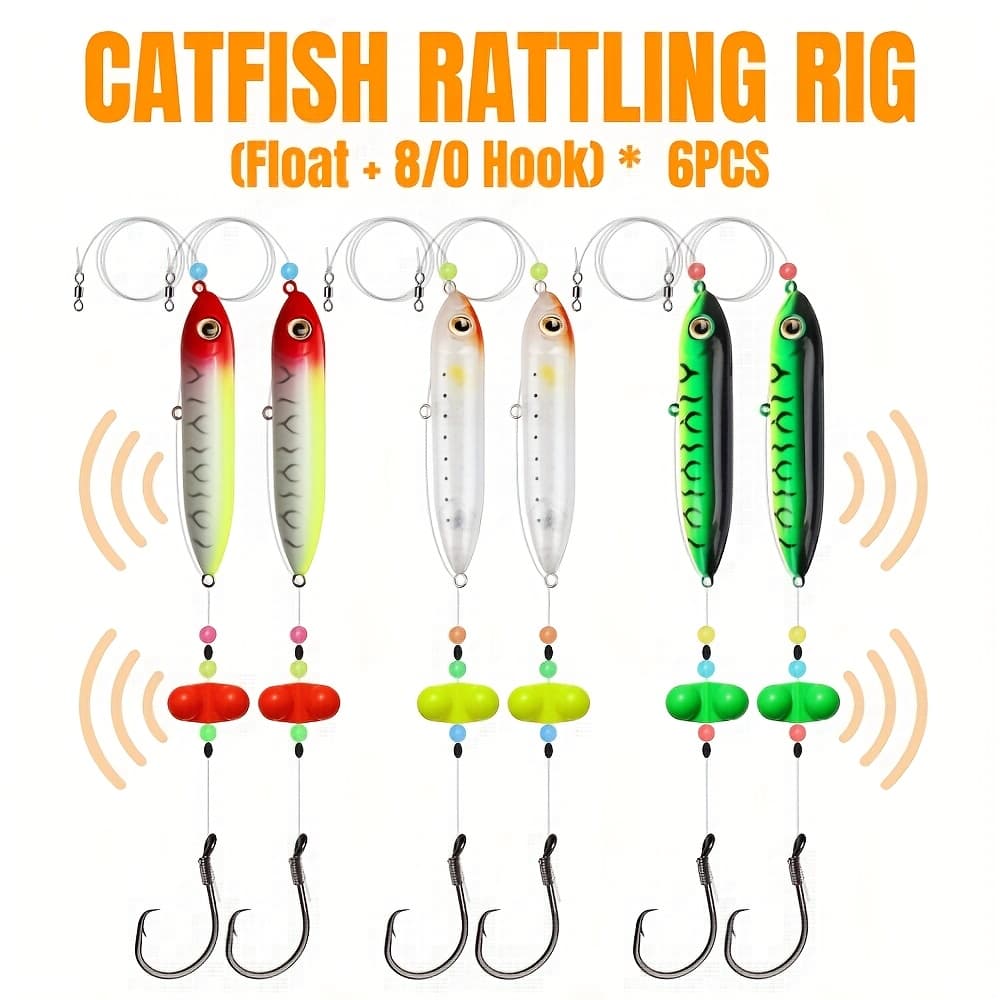 TEMU 6pcs Pre-tied For Catfish Fishing Rigs Tackle With Fishing Floats Built-in Steel Balls And Rattles And Offset Circle Hook (floats ) Dragging Rig For Catfish Fishing, Without Battery