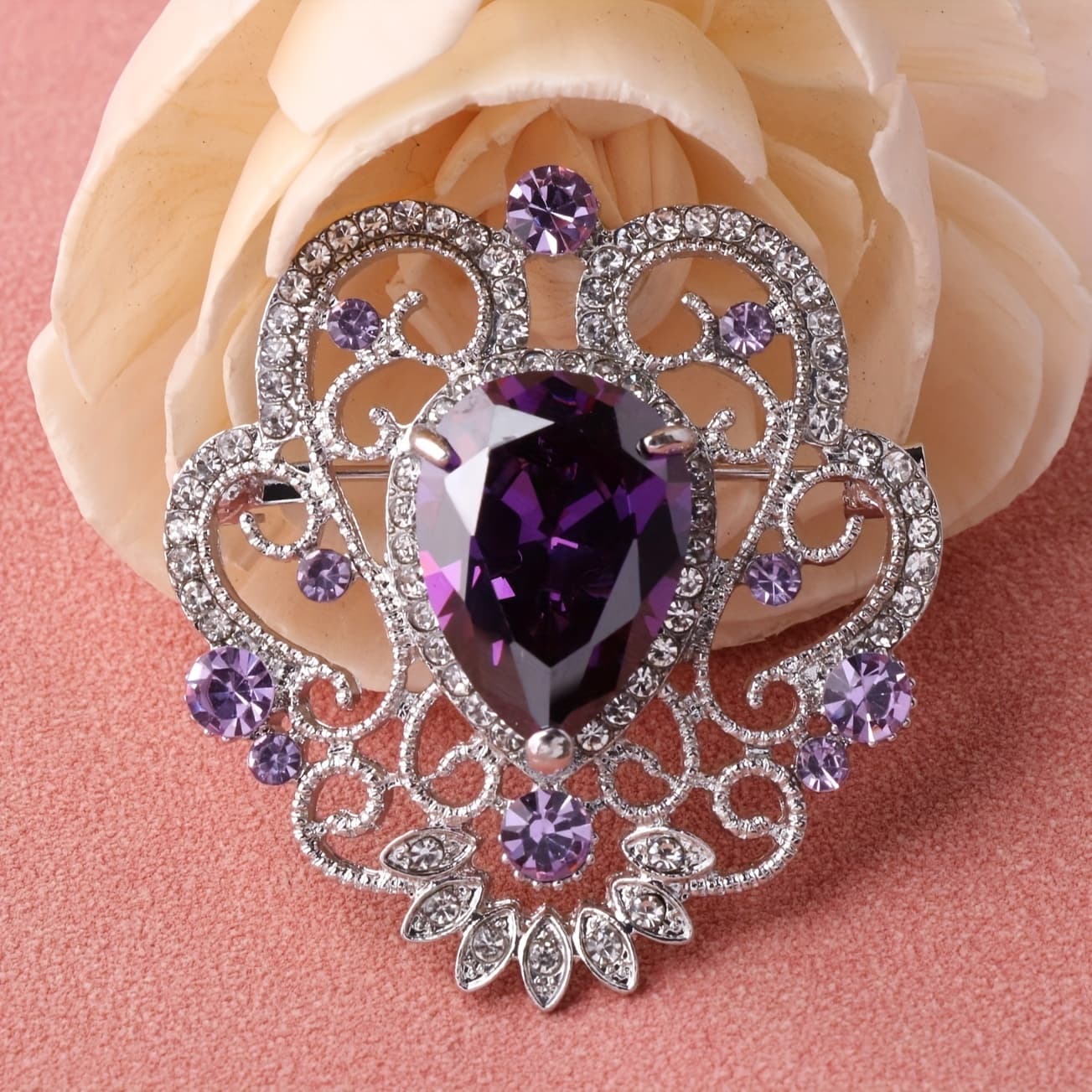 TEMU Purple Luxurious Large Flower Drop Brooch 1pc, Multi-colors