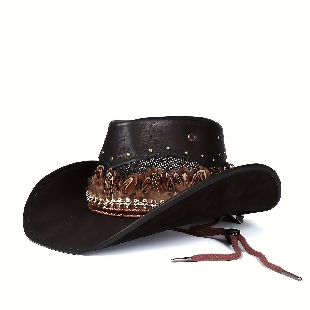 TEMU Feather-trimmed Vintage Cowboy Hat, Faux Leather Wide-brimmed Hat With Windproof Rope, Western Retro Style, Suitable For Parties, , And Everyday Wear.