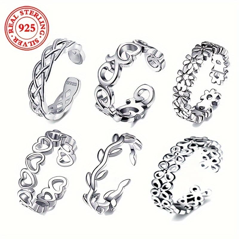 TEMU 6pcs 925 Ring Set - Multiple Designs: Twisted Rope, Heart, Windmill, Blade, Wave, Flower, Fashionable , Nickel Material, Comfortable And Adjustable, Designed For Women