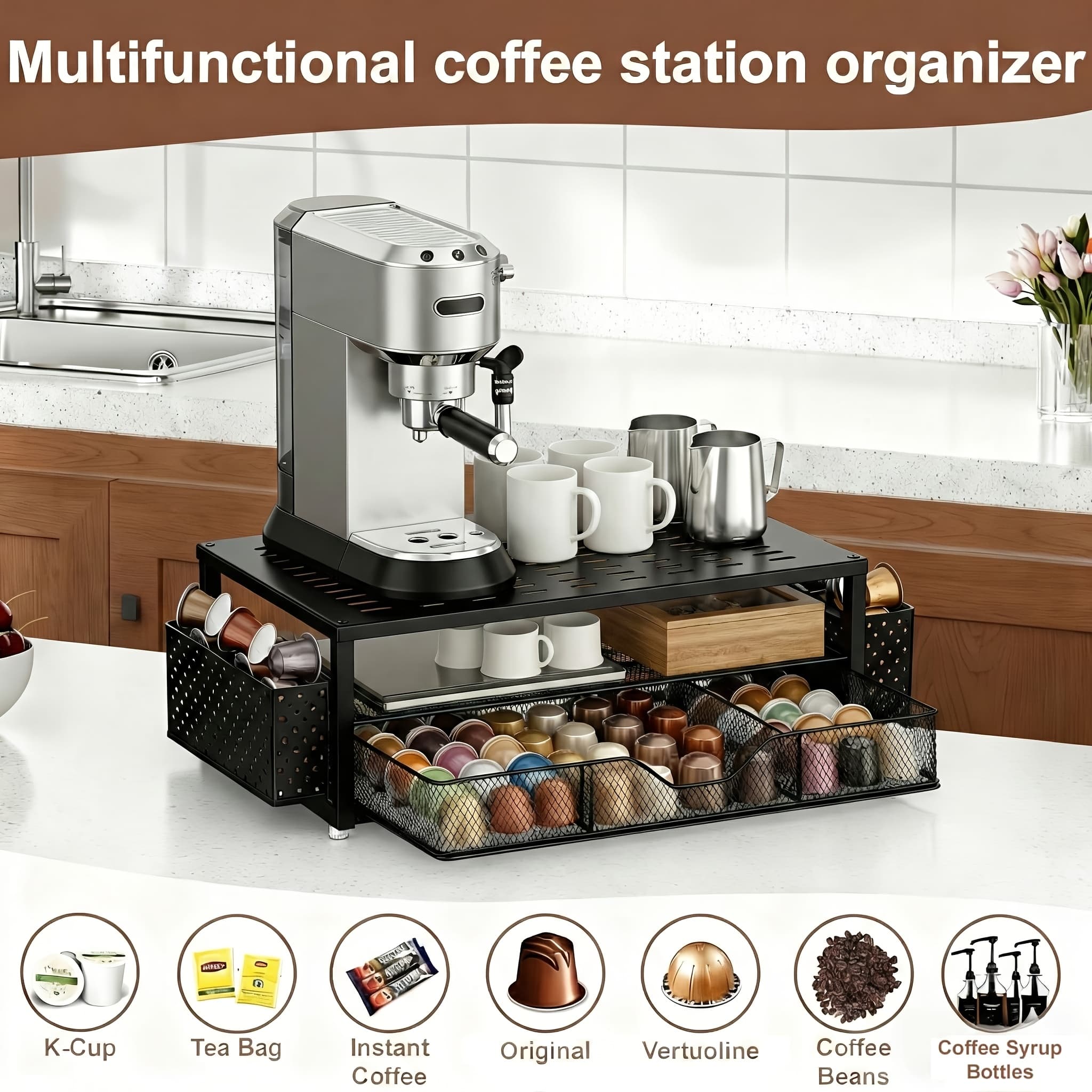 TEMU Coffee Station Organizer With 70-pod Drawer,double Layer Coffee Machine Stand,coffee Machine Stand For Kitchen Countertop,coffee Bar Accessory Storage Rack,