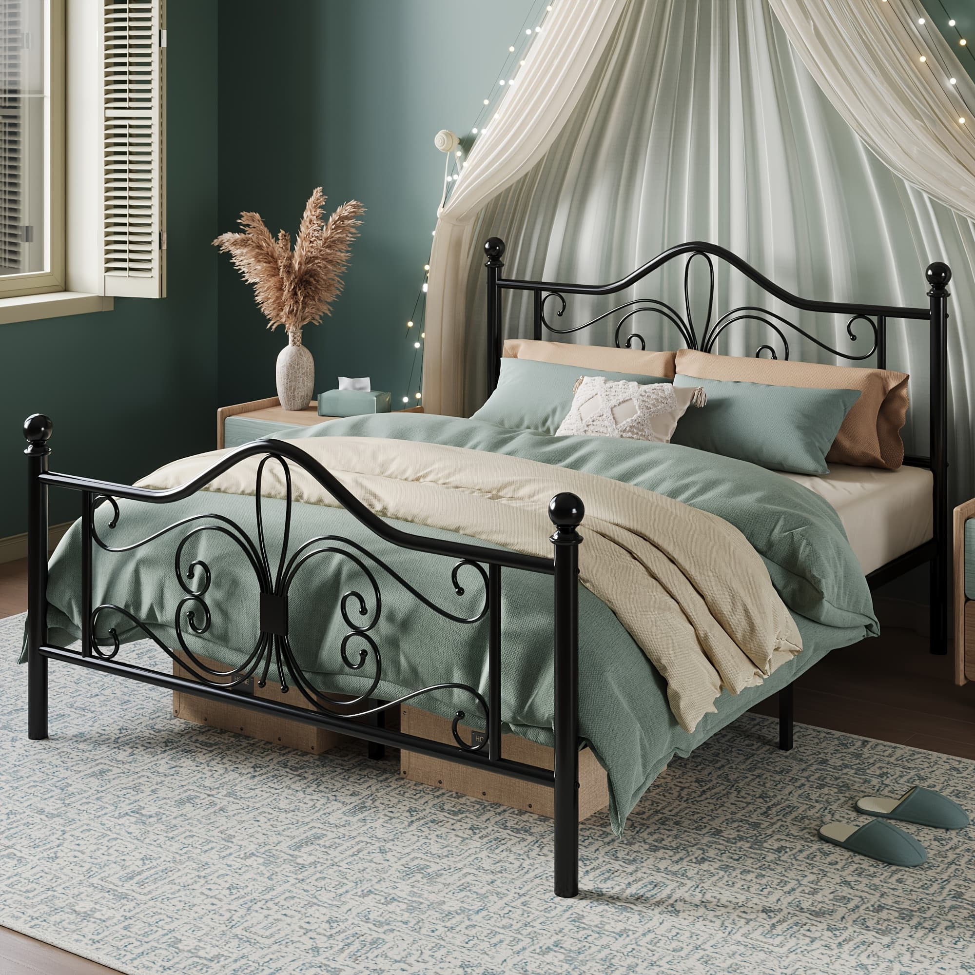 TEMU Hoomic Platform Bed Frame, Metal Bed Frame Featuring A Pattern On The Headboard And Footboard, Spring Required, Easy To Assemble