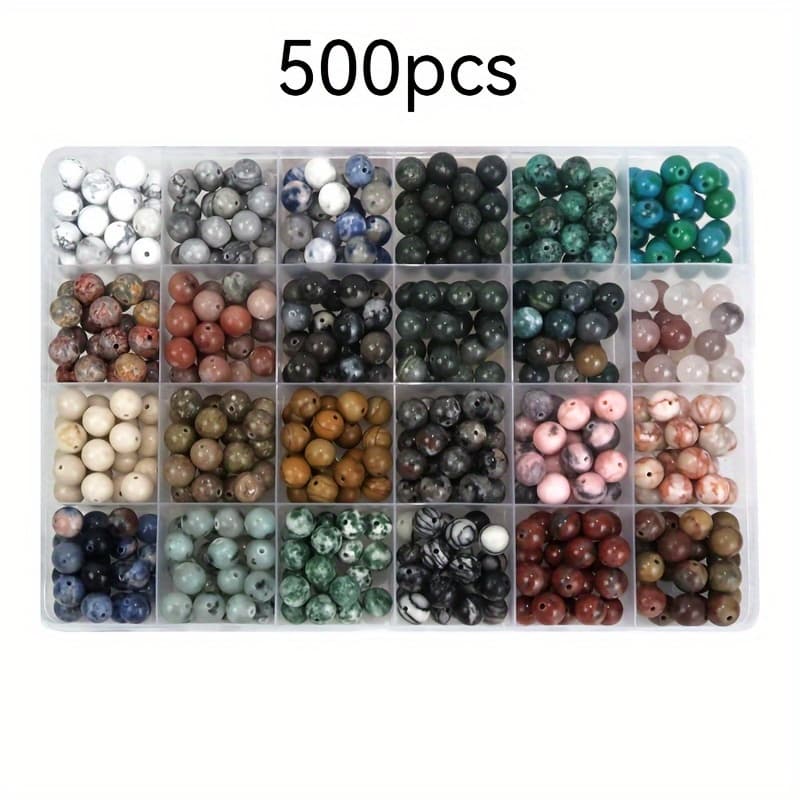 TEMU 500 8mm Natural Stone Beads Set - 24 Styles In Multiple Colors, Suitable For Jewelry Making And User-friendly For Beginners ( Included)